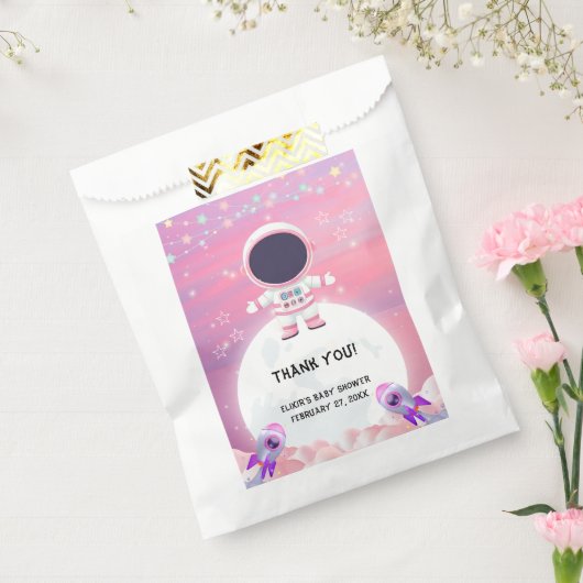 Pink Outer Space Little Explorer Baby shower Bedankzakje (Gezegeld)