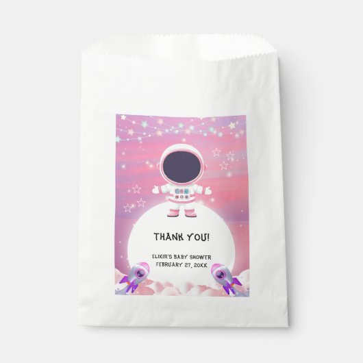 Pink Outer Space Little Explorer Baby shower Bedankzakje (Voorkant)