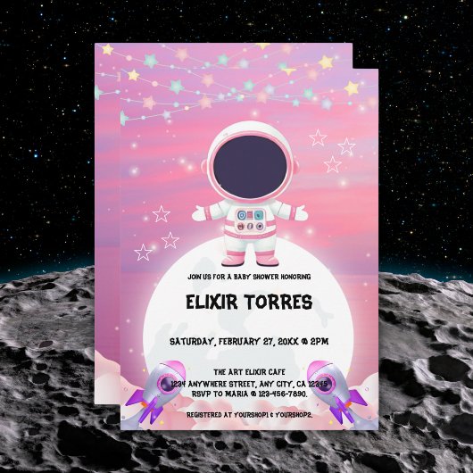 Pink Outer Space Little Explorer Baby shower Kaart