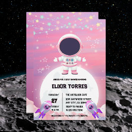 Pink Outer Space Little Explorer Baby shower Kaart