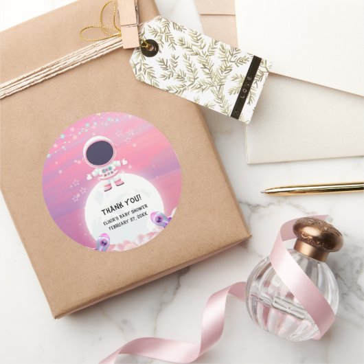 Pink Outer Space Little Explorer Baby shower Ronde Sticker (Geschenken)