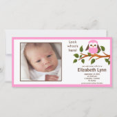 Pink Owl Baby Girl Geboorteaankondiging Aankondiging (Voorkant)