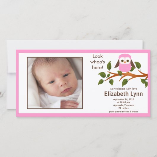 Pink Owl Baby Girl Geboorteaankondiging Aankondiging (Voorkant)
