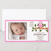 Pink Owl Baby Girl Geboorteaankondiging Aankondiging (Voorkant / Achterkant)