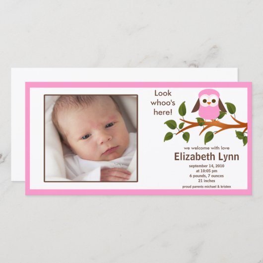 Pink Owl Baby Girl Geboorteaankondiging Aankondiging (Voorkant / Achterkant)