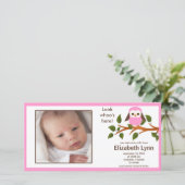 Pink Owl Baby Girl Geboorteaankondiging Aankondiging (Staand voorkant)