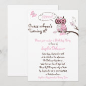 Pink Owl & Butterfly Floral Birthday Uitnodiging (Voorkant / Achterkant)
