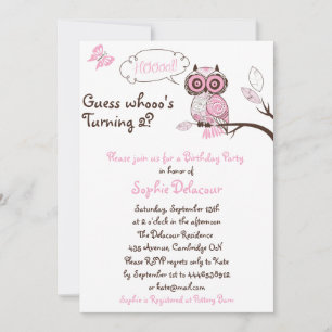 Pink Owl & Butterfly Floral Birthday Uitnodiging