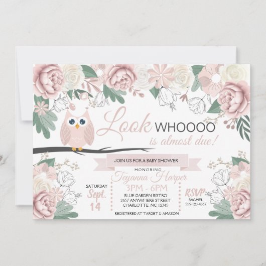 Pink Owl Floral Baby shower Invitation Kaart (Voorkant)