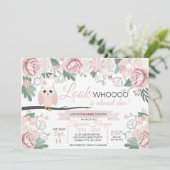 Pink Owl Floral Baby shower Invitation Kaart (Staand voorkant)