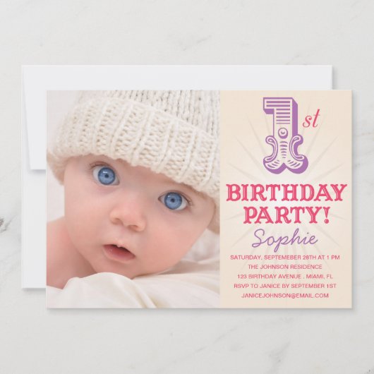 PINK & PAARS 1ST  | EERSTE BIRTHDAY-INVITATIE KAART (Voorkant)