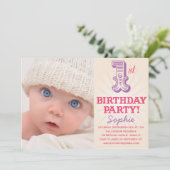 PINK & PAARS 1ST  | EERSTE BIRTHDAY-INVITATIE KAART (Staand voorkant)