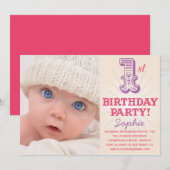 PINK & PAARS 1ST  | EERSTE BIRTHDAY-INVITATIE KAART (Voorkant / Achterkant)