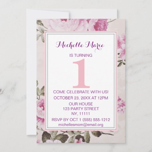 Pink Paars Floral Pset First Birthday Kaart (Voorkant)