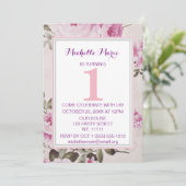 Pink Paars Floral Pset First Birthday Kaart (Staand voorkant)