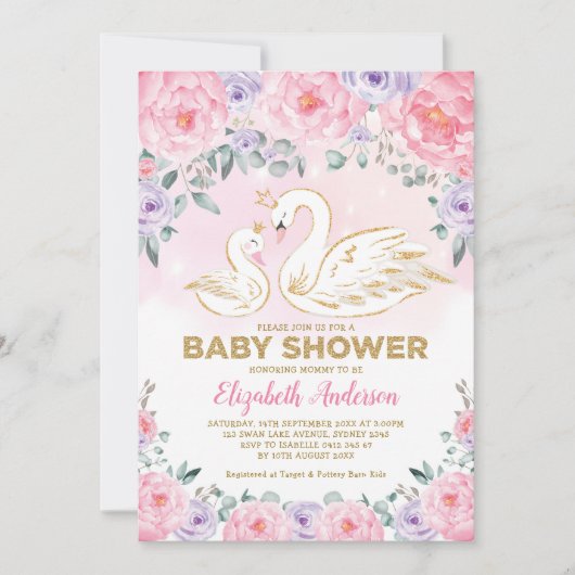 Pink Paars Floral Swan Princess Baby shower Kaart (Voorkant)
