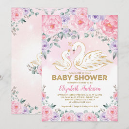 Pink Paars Floral Swan Princess Baby shower Kaart