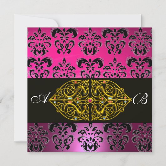 PINK PAARS ZWARTE DAMASKMONOGRAM, fuchsie, goud Kaart (Voorkant)