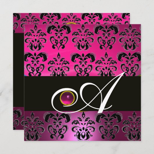 PINK PAARSE BLACK DAMASK MONOGRAM Amethyst Fuchsia Kaart (Voorkant / Achterkant)