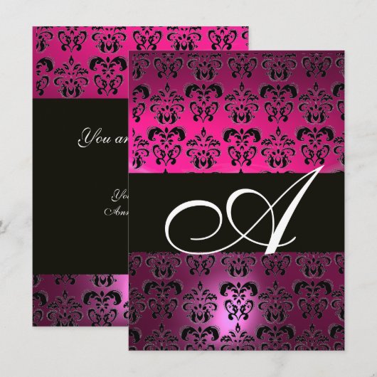 PINK PAARSE BLACK DAMASK MONOGRAM fuchsia white Kaart (Voorkant / Achterkant)