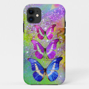 PINK PAARSE BLAUWE BUTTERFLIES, GROENE GOUDEN iPhone 11 HOESJE