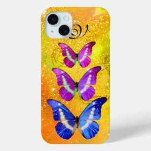 PINK PAARSE BLAUWE BUTTERFLIES IN GOUD GEEL iPhone 15 MINI HOESJE