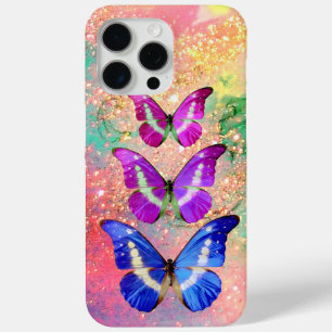 PINK PAARSE BLAUWE BUTTERFLIES IN GOUDEN SPARKLES iPhone 15 PRO MAX HOESJE