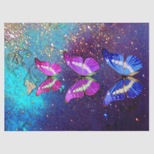 PINK PAARSE BLAUWE BUTTERFLIES IN GOUDEN SPARKLES TISSUEPAPIER (Voorkant)