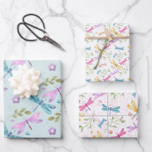 PINK PAARSE BLAUWE WATERVERF DRAGONFLIES INPAKPAPIER VEL