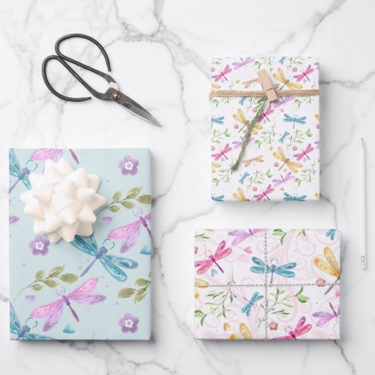 PINK PAARSE BLAUWE WATERVERF DRAGONFLIES INPAKPAPIER VEL (Voorkant)