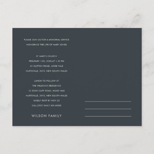 PINK PAARSE FAUNA WREATH SYMPATHY MEMORIAL SERVICE UITNODIGING BRIEFKAART (Achterkant)