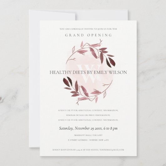 PINK PAARSE FOLIAGE WREATH GRAND OPENEN INVITE BEDANKKAART (Voorkant)