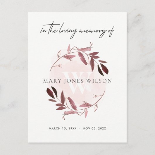 PINK PAARSE FOLIAGE WREATH MEMORIAL DANK U UITNODIGING BRIEFKAART (Voorkant)