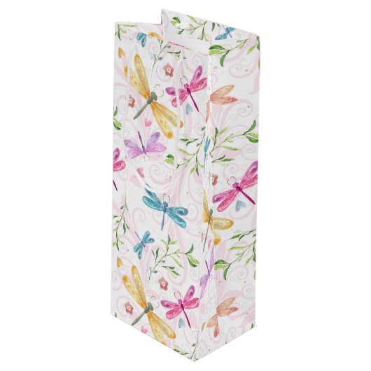 PINK PAARSE GEEL BLAUWE WATERVERF DRAGONFLIES WIJN CADEAUTAS (Voorkant Gekanteld)