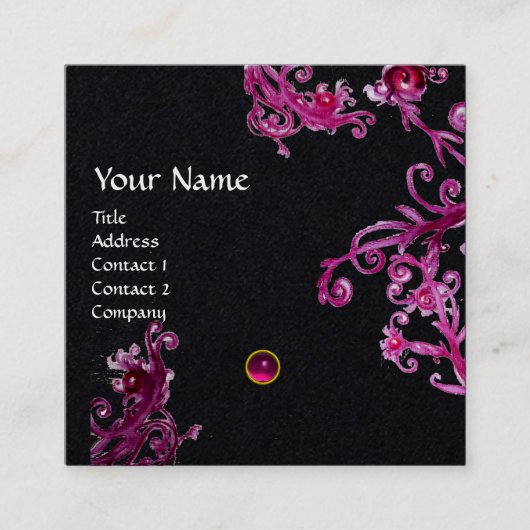 PINK PAARSE MAGIC BERRIES GEMSTONE MONOGRAM Black Vierkante Visitekaartje (Voorkant)