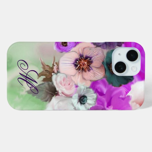 PINK PAARSE ROZEN, WITTE ANEMONERSTROMEN MONOGRAM Case-Mate iPhone CASE (Achterkant (horizontaal))