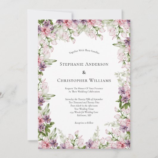 Pink Paarse Waterverf Floral Greenery Wedding Kaart (Voorkant)