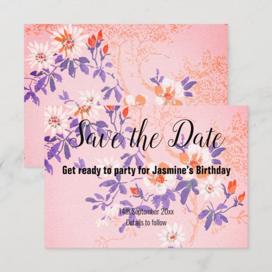 PINK PAARSE WITTE CHERRY BLOSSOM BEWAREN DE DATUM RSVP KAARTJE (Voorkant / Achterkant)