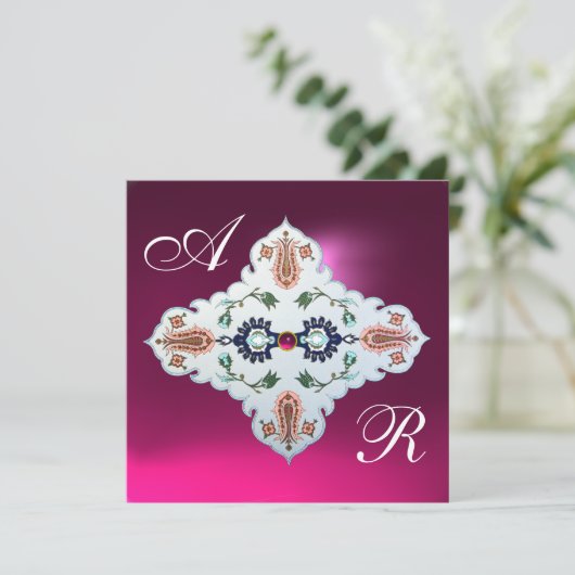 PINK PAARSE WITTE DAMASKMONOGRAM Amethyst Fuchsia Kaart (Staand voorkant)