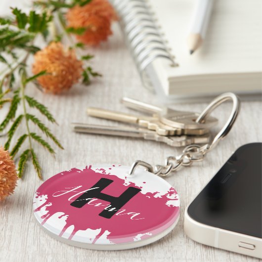 Pink Paint Splash Monogram Acrylic Bag Charm Sleutelhanger (Voorkant Rechts)