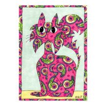 Pink Paisley Cat Folk Art
