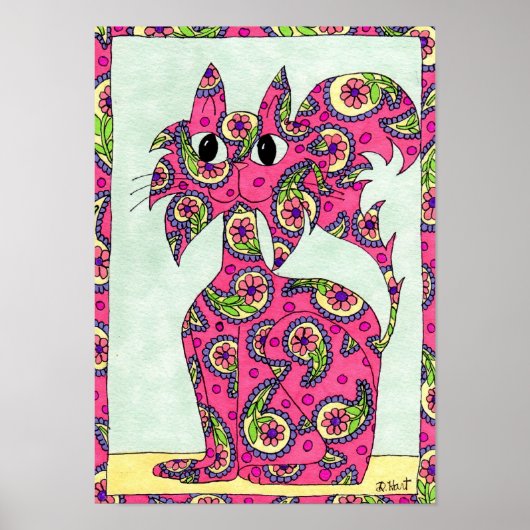 Pink Paisley Cat Folk Art Poster (Voorkant)
