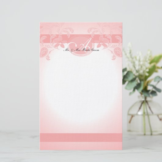 Pink Paisley Floral Monogram Briefpapier (Staand voorkant)
