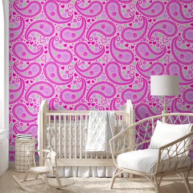 Pink Paisley Love Baby Girl Nursery Behang (Kinderen)