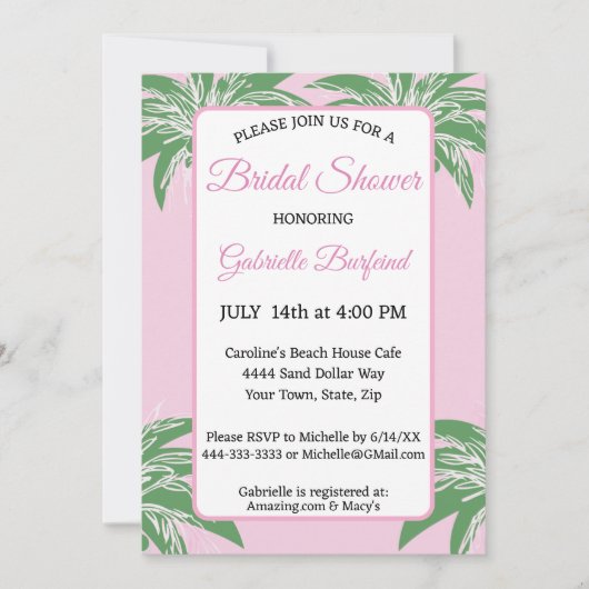 Pink Palm Bridal Shower Invitation | Tropical Palm Kaart (Voorkant)