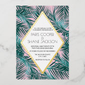 Pink Palm Deco Wedding Gold Foil uitnodiging (Voorkant)