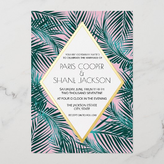 Pink Palm Deco Wedding Gold Foil uitnodiging (Voorkant)