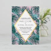 Pink Palm Deco Wedding Gold Foil uitnodiging (Staand Voorkant)
