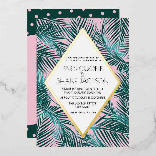 Pink Palm Deco Wedding Gold Foil uitnodiging (Voorkant / Achterkant)