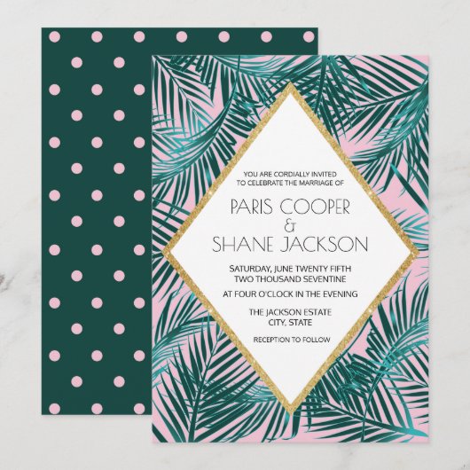 Pink Palm Deco Wedding Kaart (Voorkant / Achterkant)